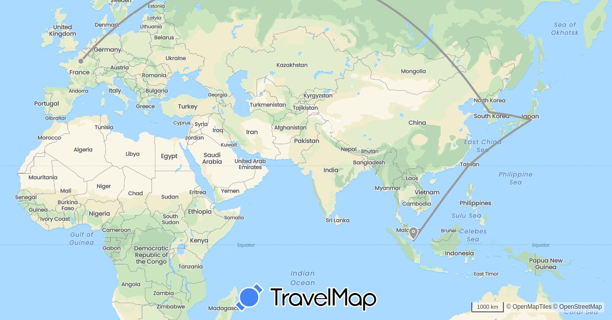 TravelMap itinerary: driving, plane in France, Japan, South Korea, Singapore, Taiwan (Asia, Europe)